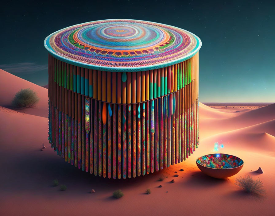 Colorful cylindrical structure with intricate patterns in a desert setting.