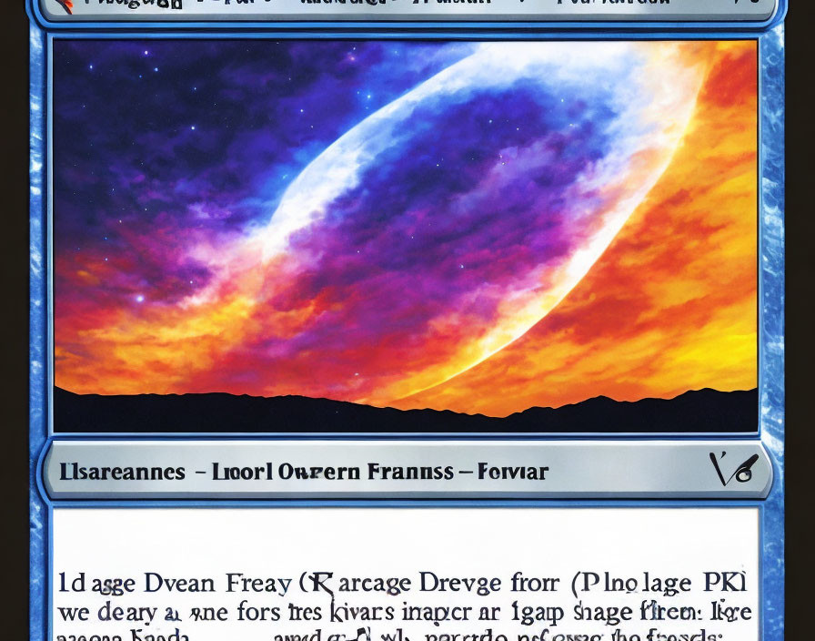 Colorful Cosmic Scene Trading Card with Celestial Body and Mountains