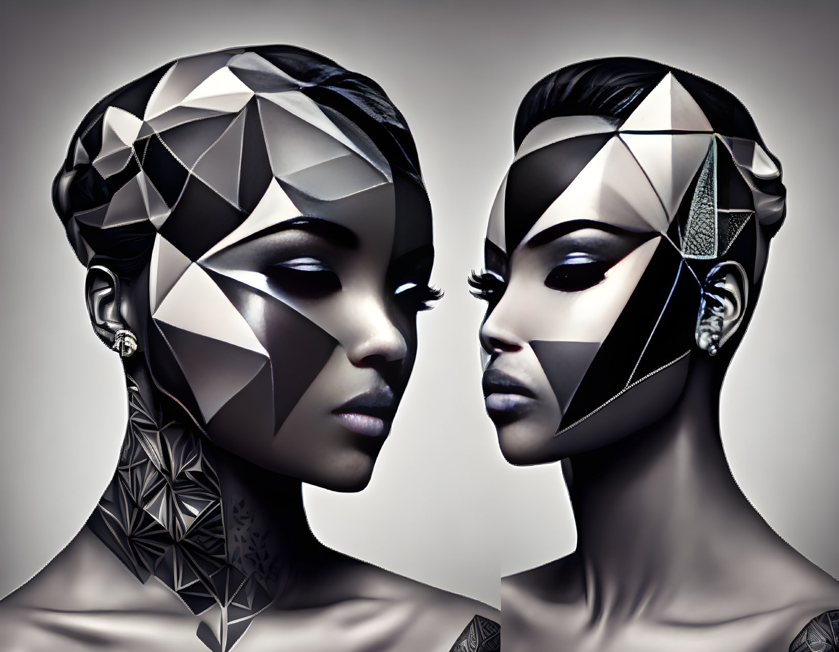 Symmetrical Faces with Geometric Patterns and Metallic Effects