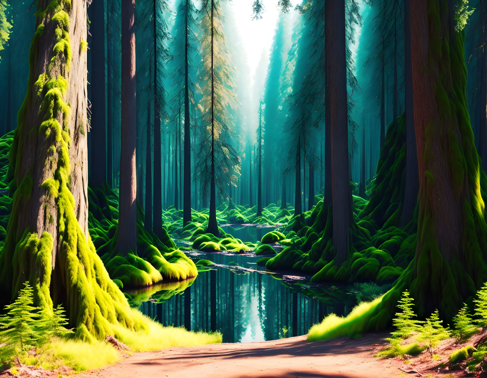 Tranquil Forest Path with Sunlight Filtered Through Tall Trees