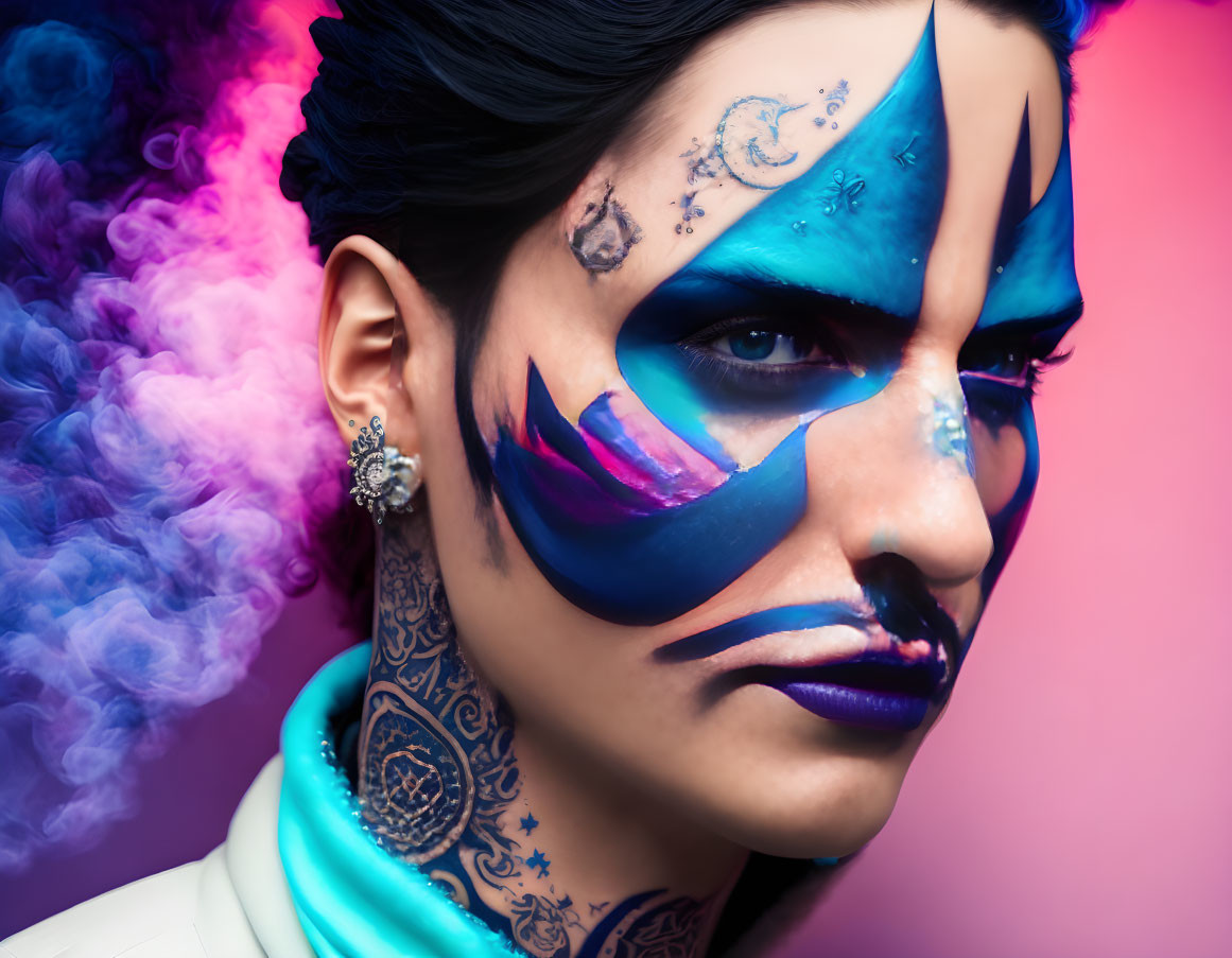 Blue and Purple Face Paint with Celestial Tattoos and Colorful Smoke