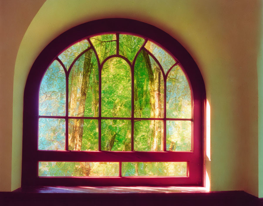 Red-framed arched window overlooking lush green forest in sunlight