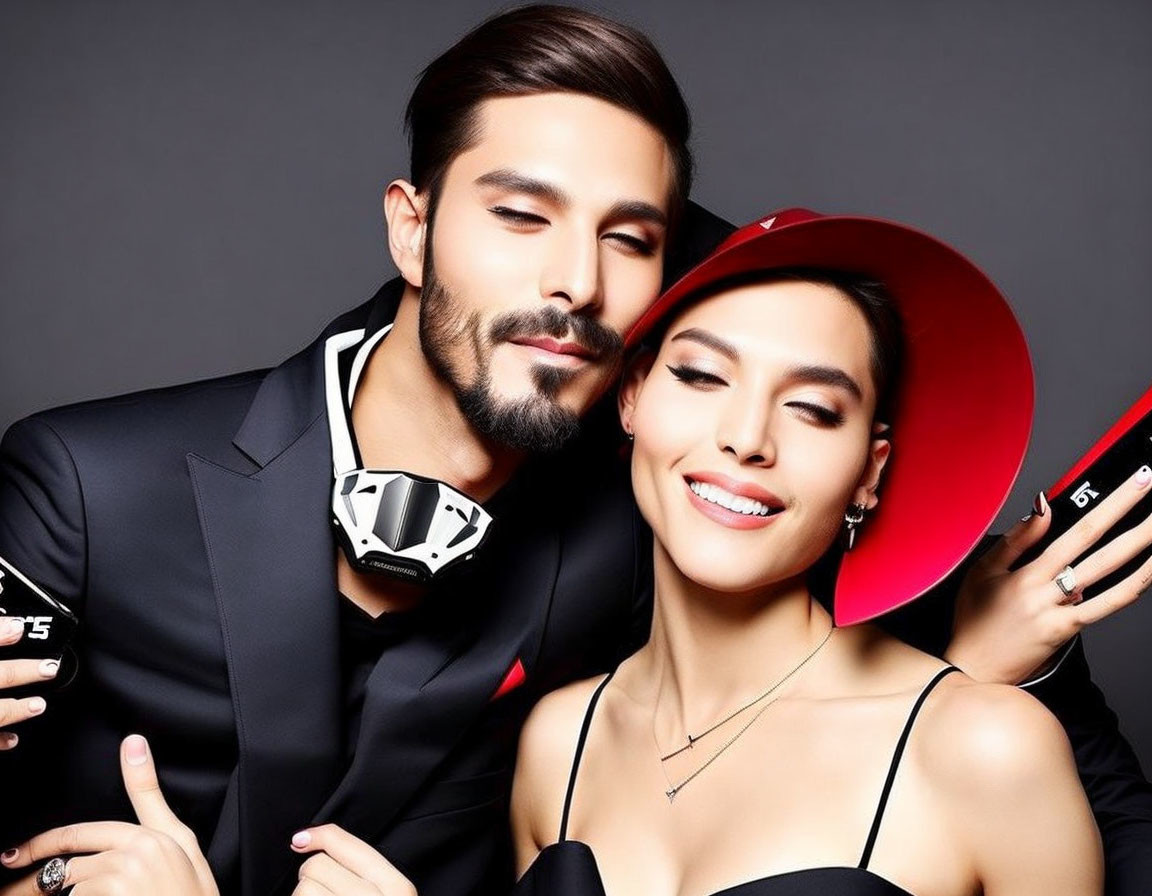 Elegant couple in black attire with red hat on dark background