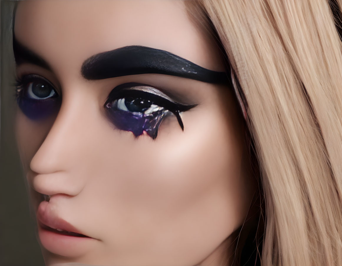 Detailed Close-Up of Dramatic Black and Purple Eye Makeup