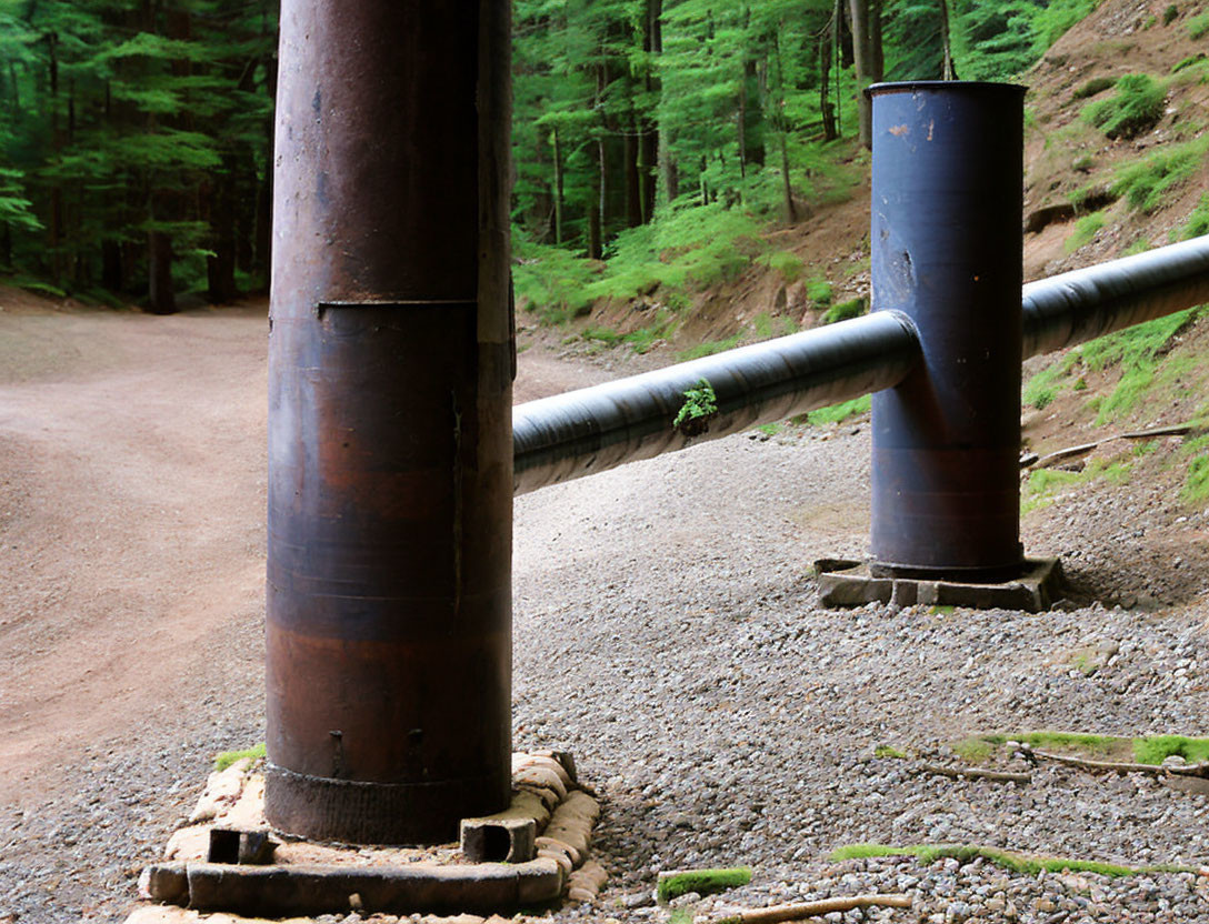 Rusty pipes in gravel with green forest background