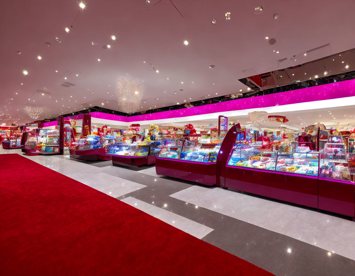 Colorful Candy Store Interior with Pink Accents and Candy Displays