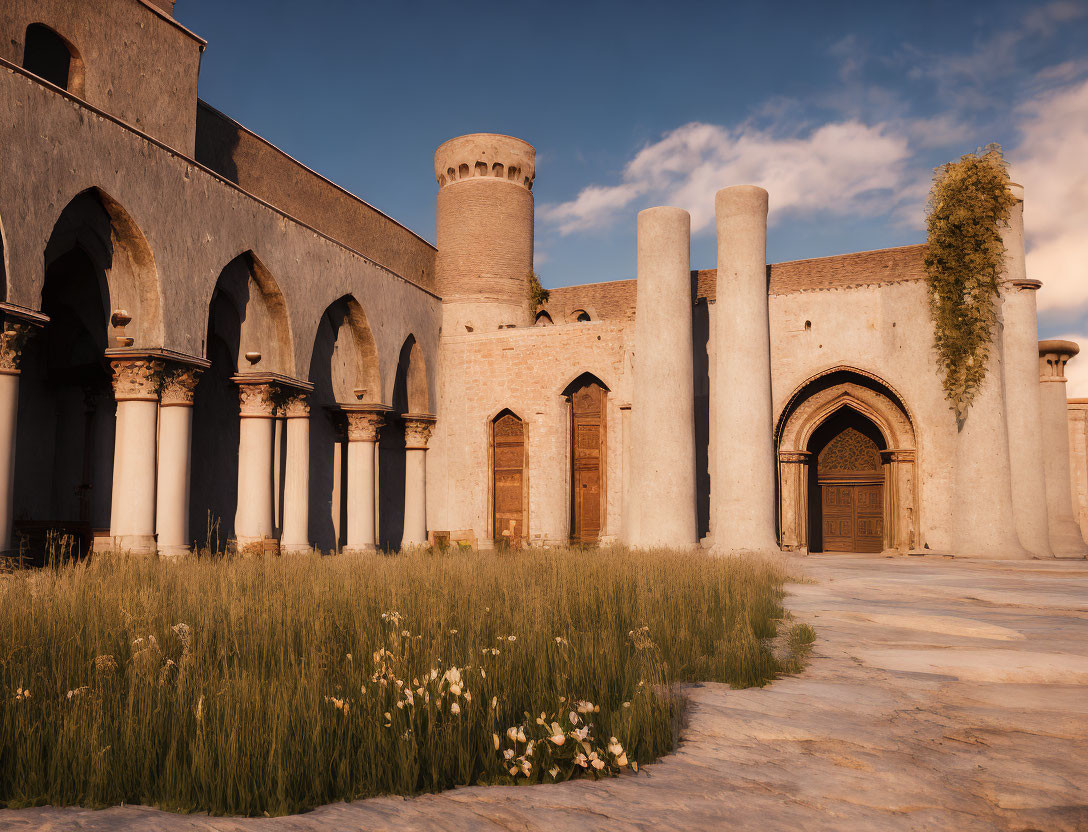 Ancient architectural complex with arched corridors and cylindrical tower