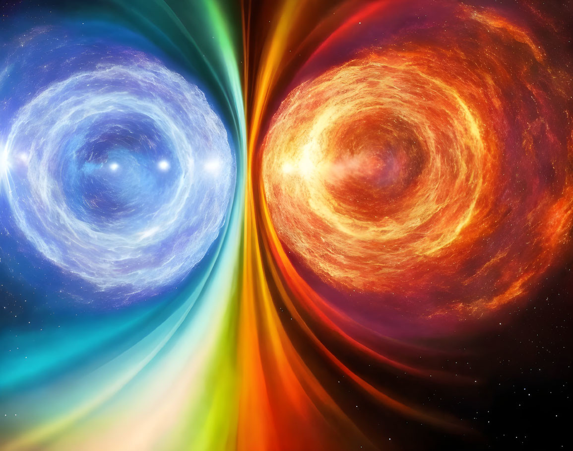 Colorful digital artwork: Two swirling galaxies in blue and red hues