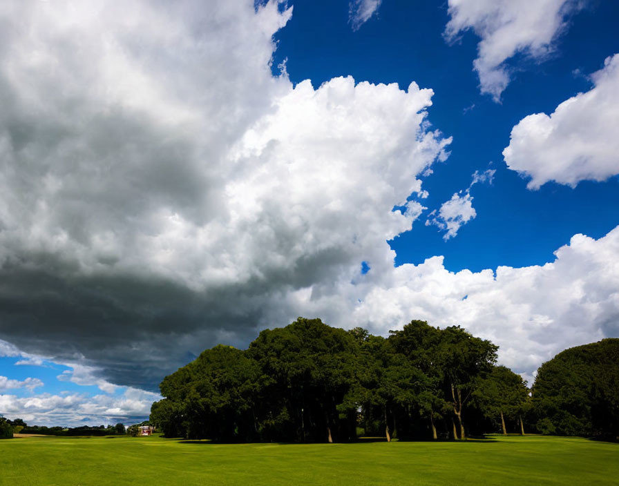 Green field under dramatic sky with fluffy and storm clouds