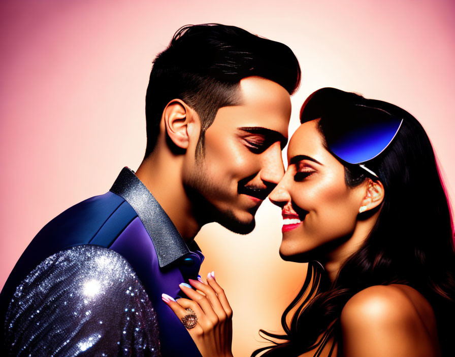 Colorful portrait: Smiling couple in glamorous attire against pink backdrop