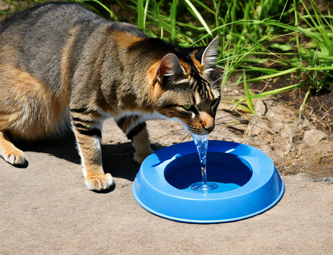 Brown Tabby Cat Drinking Water from Blue Pet Fountain on Ground by Green Grass