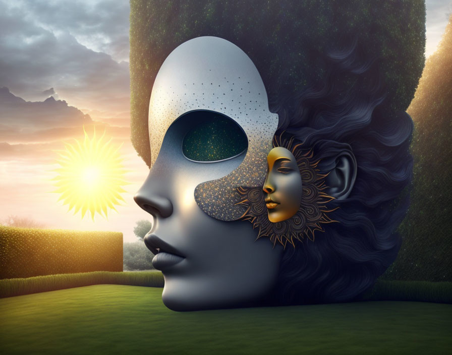 Surreal silver mask merging with golden sun-faced figure in hedge backdrop