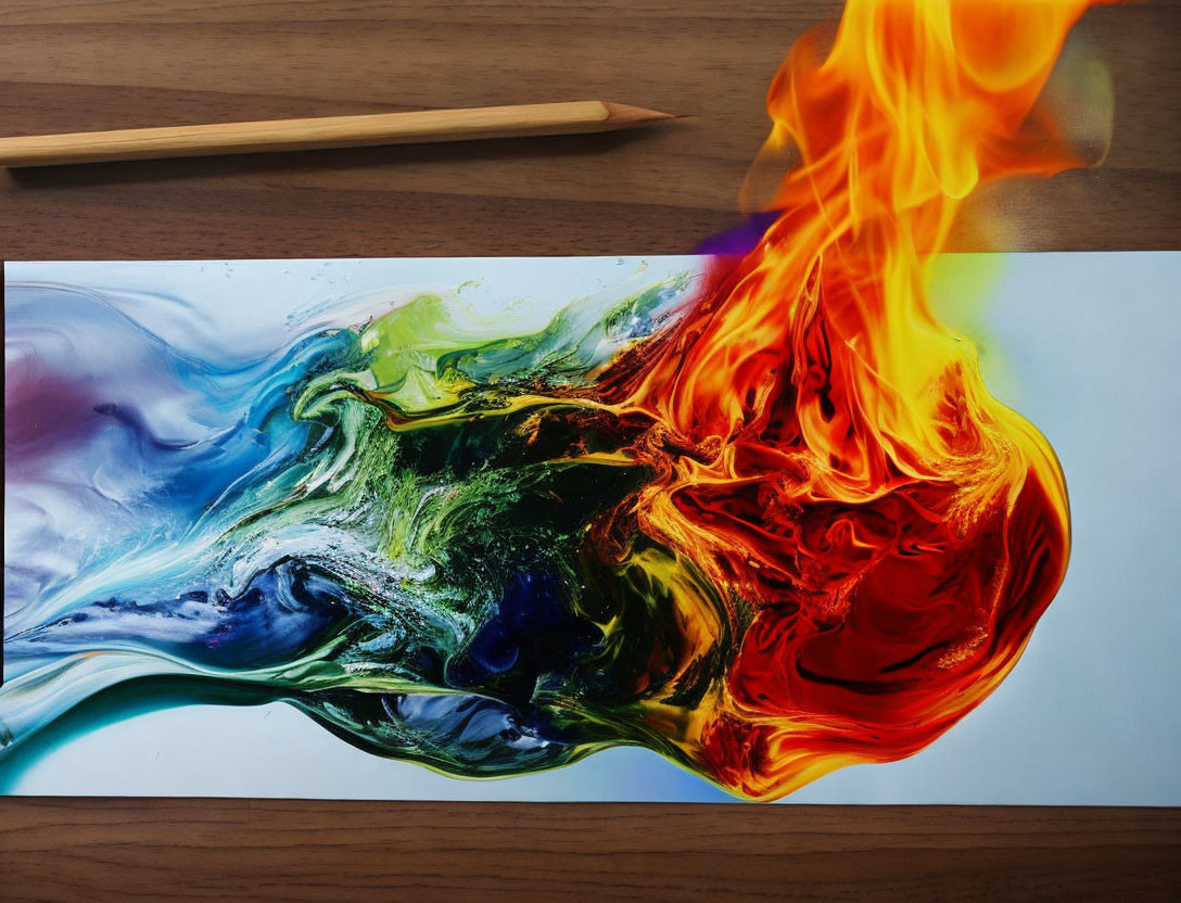 Colorful abstract artwork transitions into realistic flames beside a pencil on wood table