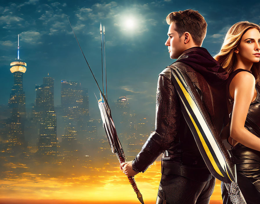 Man and woman with bow and quiver against sunset cityscape.