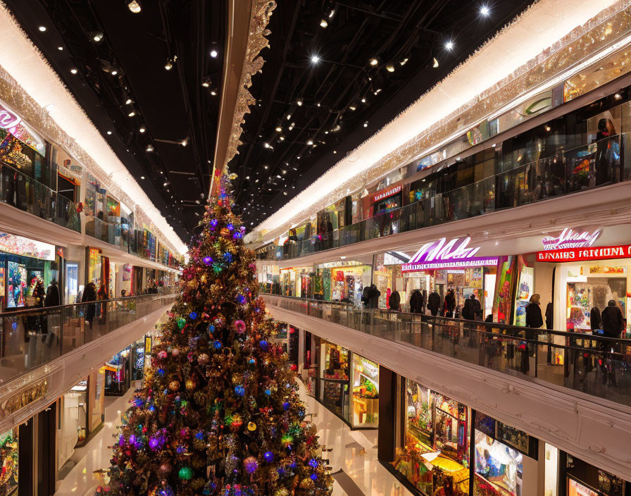 Multi-level shopping mall with festive Christmas decorations