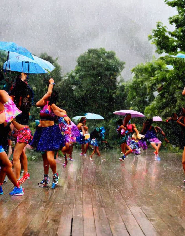 Colorful performers dancing in the rain with umbrellas against lush green background