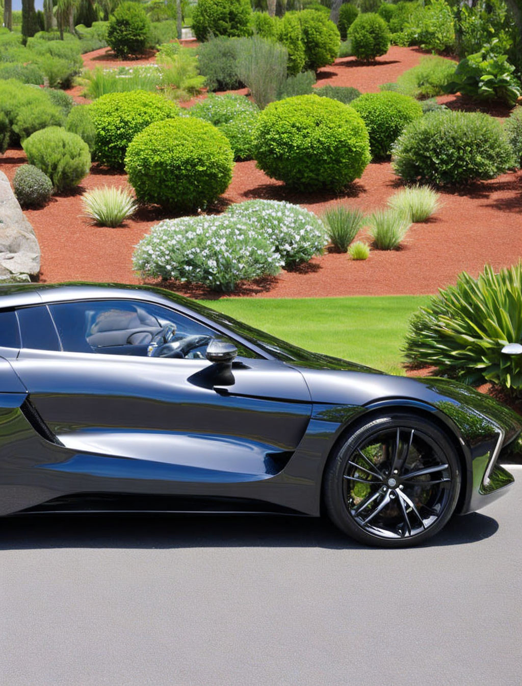 Black sports car parked in lush garden driveway