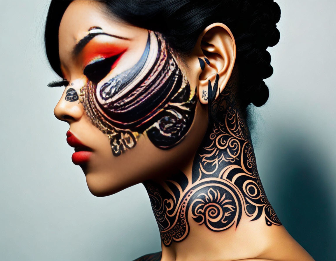 Profile view of woman with tribal-inspired makeup and body art in bold lines and swirls, featuring vibrant