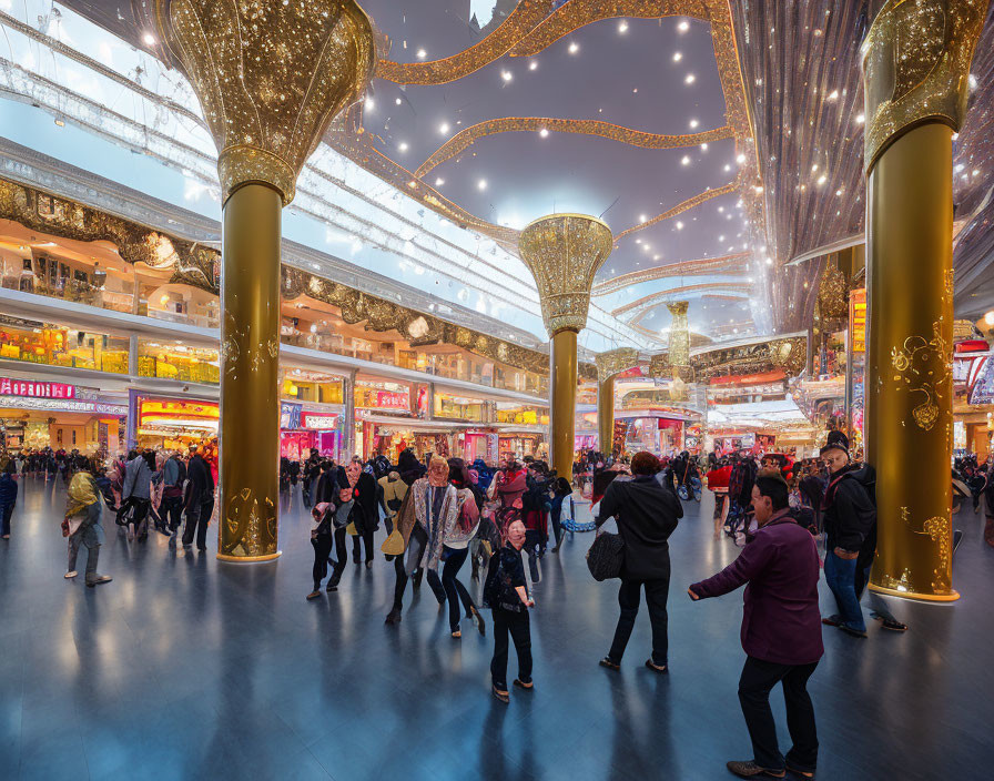 Indoor shopping mall with golden columns and twinkling lights