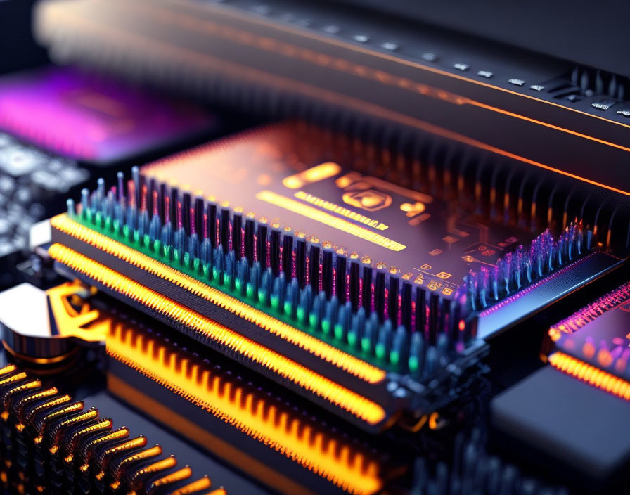 Detailed view of computer motherboard with RAM slots, CPU socket, and neon-lit circuitry.