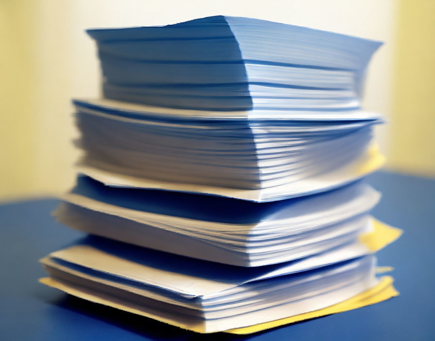 Stacks of paper and blue folders on desk for office work.