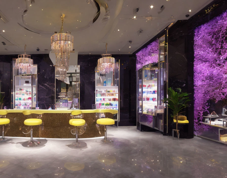 Elegant Beauty Salon with Purple Tree Designs and Gold Accents