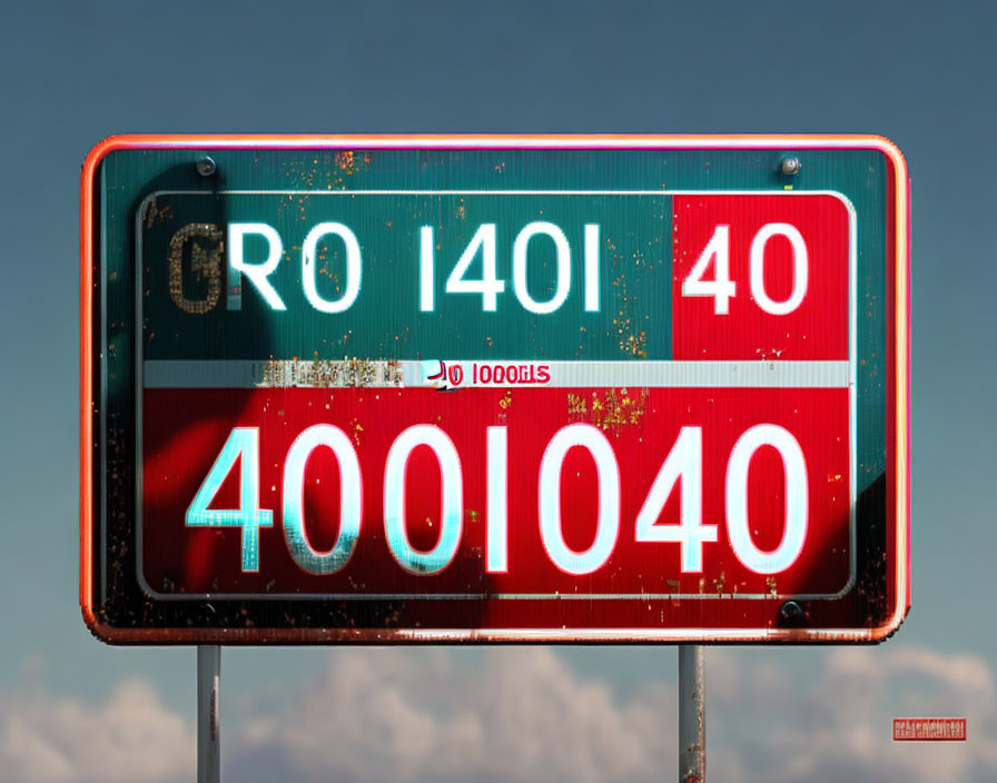 Faded red road sign with numbers under clear blue sky