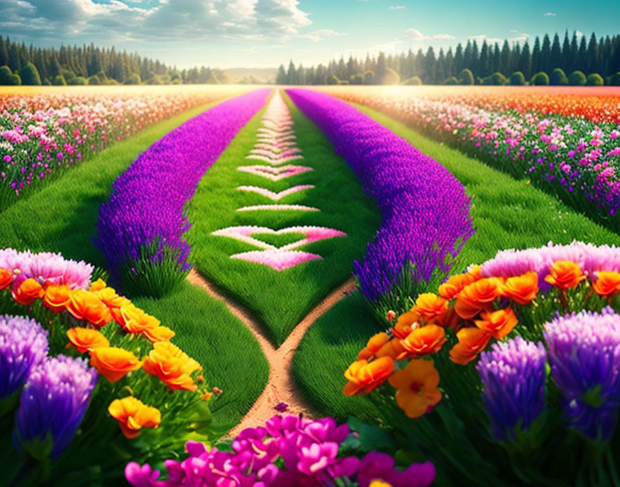 Colorful Flower Field with Dirt Path under Bright Sky