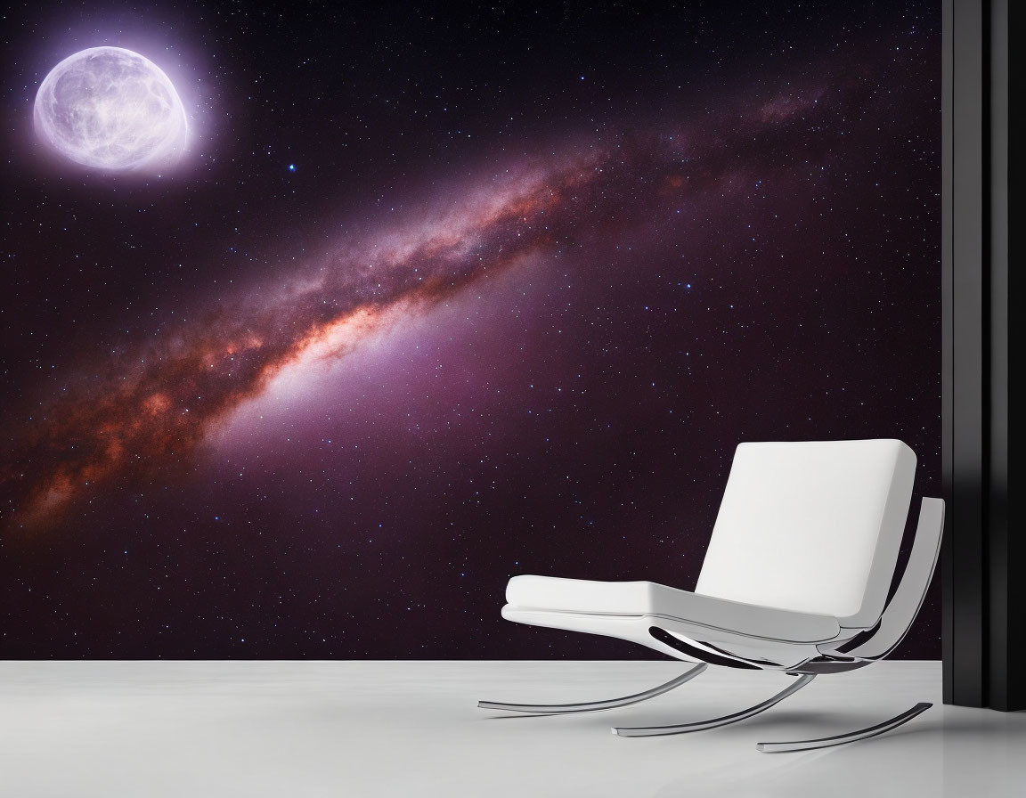 White Modern Chair in Room with Outer Space View: Moon, Galaxy, Starry Sky