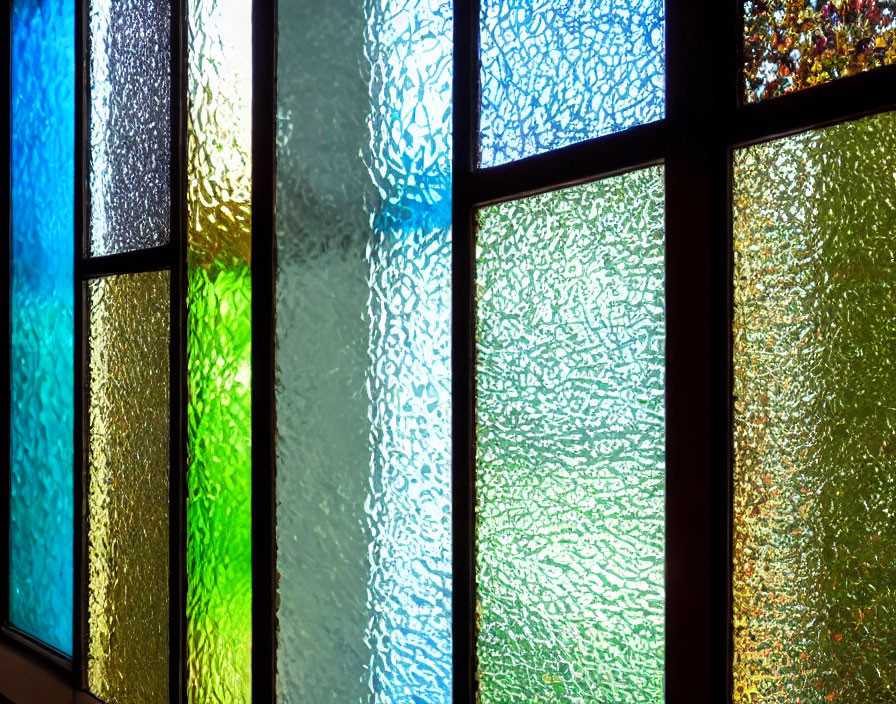 Vivid colored stained glass window with textured patterns and sunlight streaming through