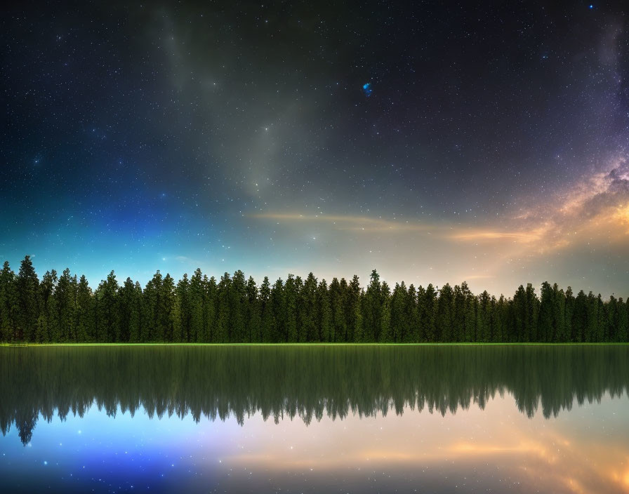 Tranquil Night Sky with Stars Reflecting on Forest Lake