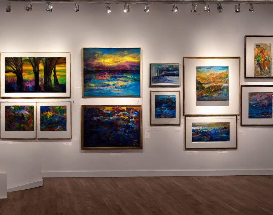 Colorful Landscape and Abstract Paintings on Gallery Wall