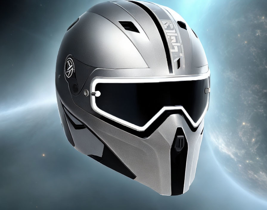 Silver and Black Motorcycle Helmet with Clear Visor on Cosmic Starry Background