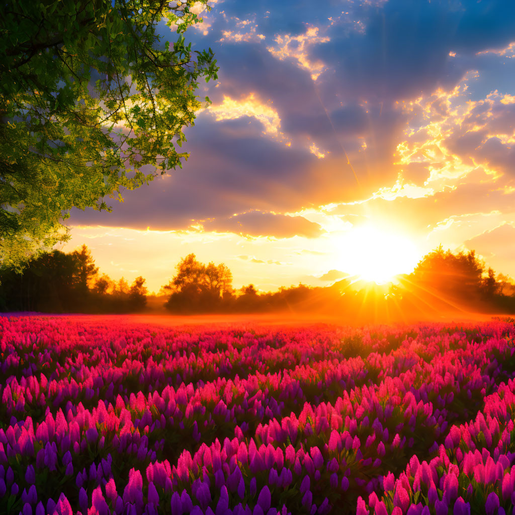 Colorful sunset with sunbeams over pink flower field and dynamic sky.