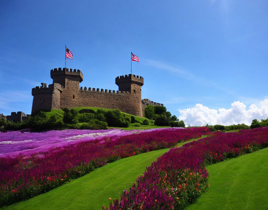 Medieval stone castle with turrets and American flags amidst colorful flowers under blue sky