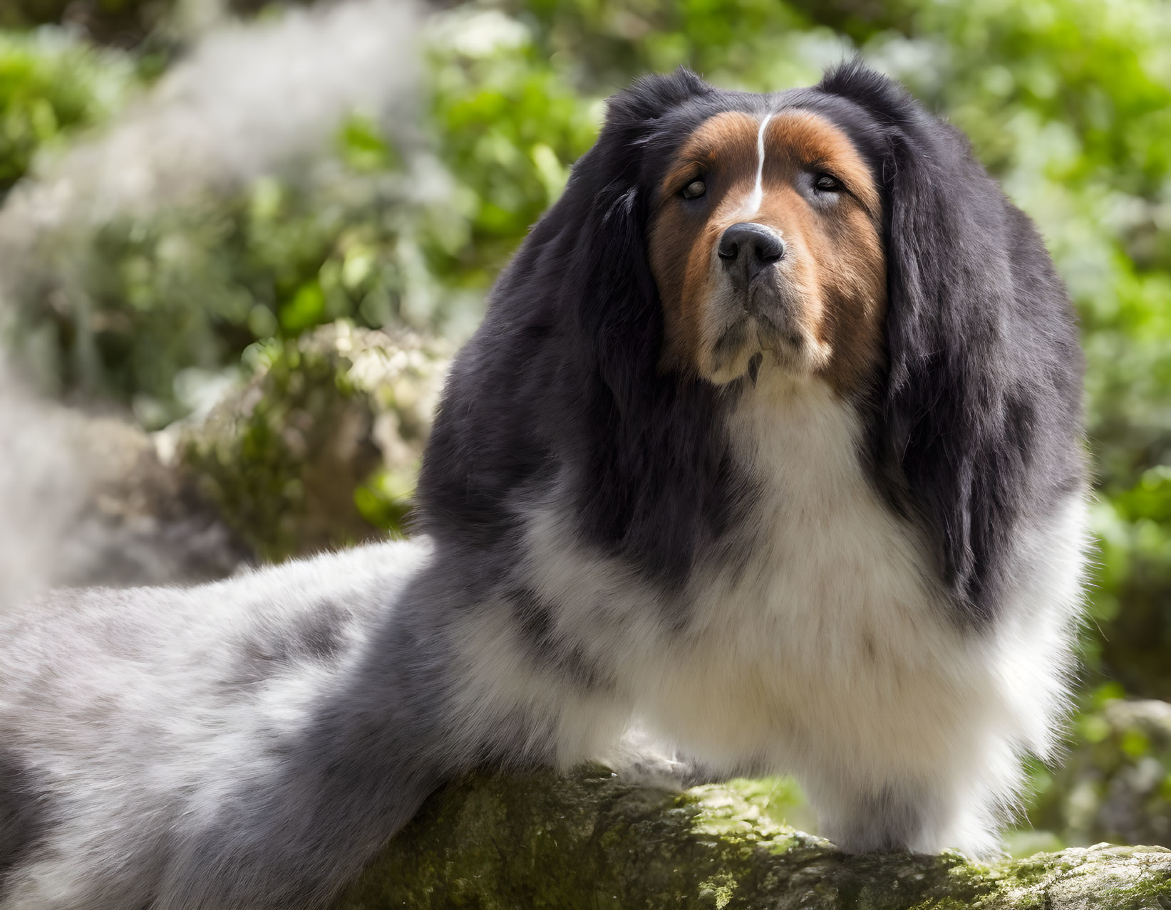 Tricolor fluffy dog with silky fur resting on mossy rock