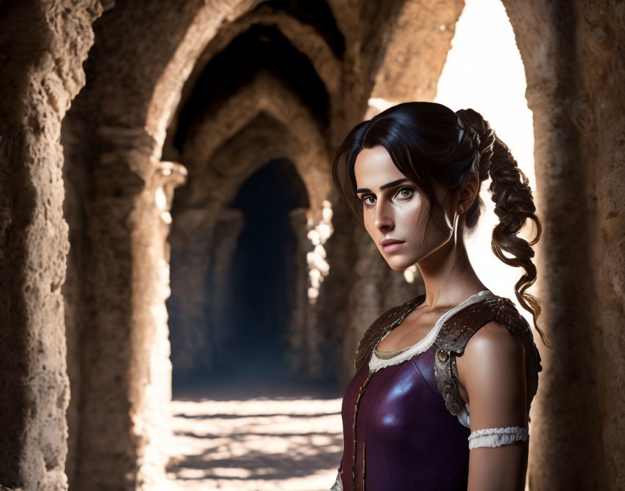 Dark-haired woman in braids wearing medieval dress in stone corridor