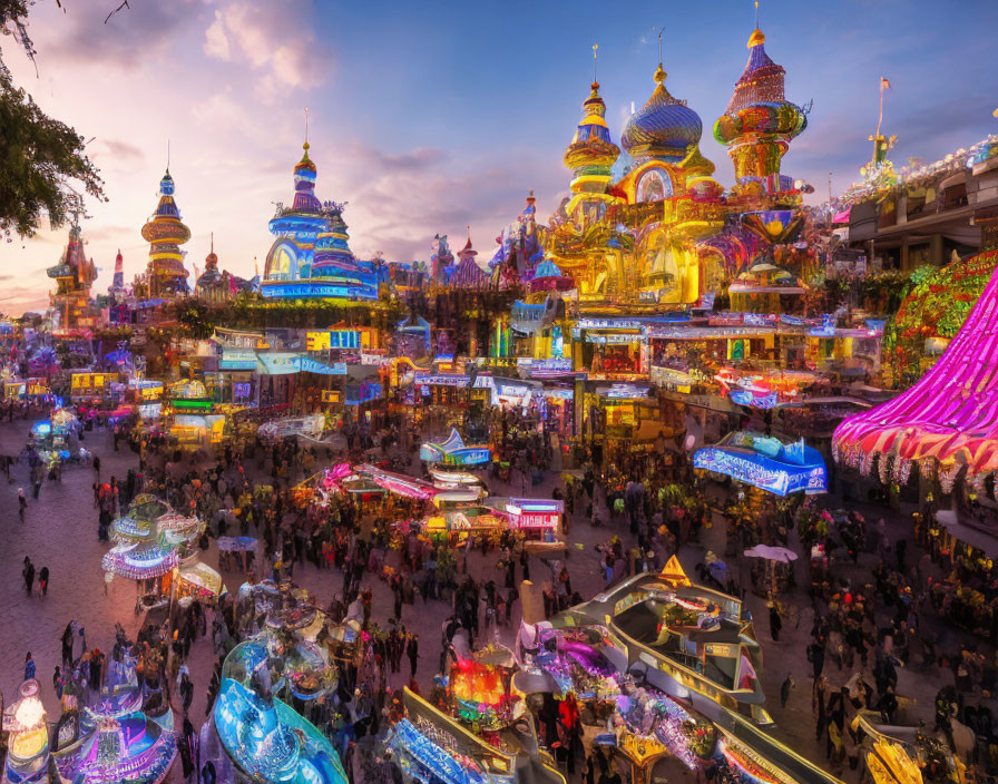 Colorful evening market with fairy tale buildings and bustling crowd