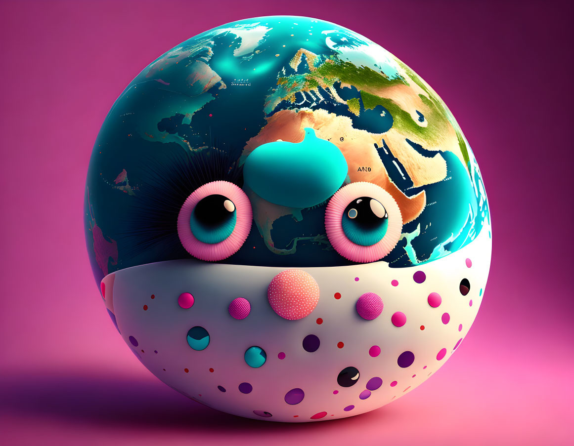 Colorful 3D planet illustration with face on pink background