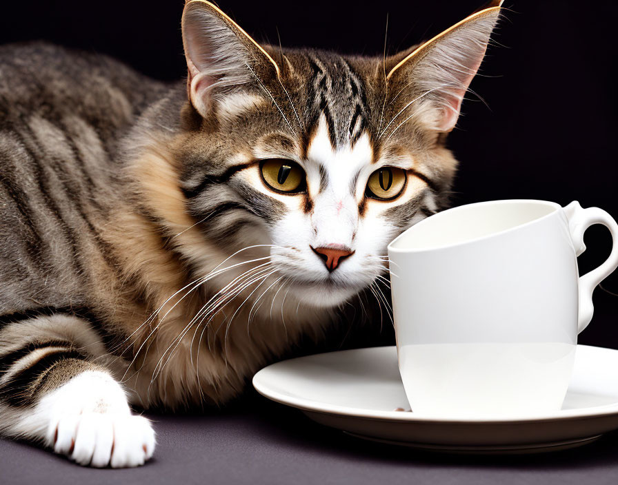 Striped cat with whiskers beside cup and saucer on dark background