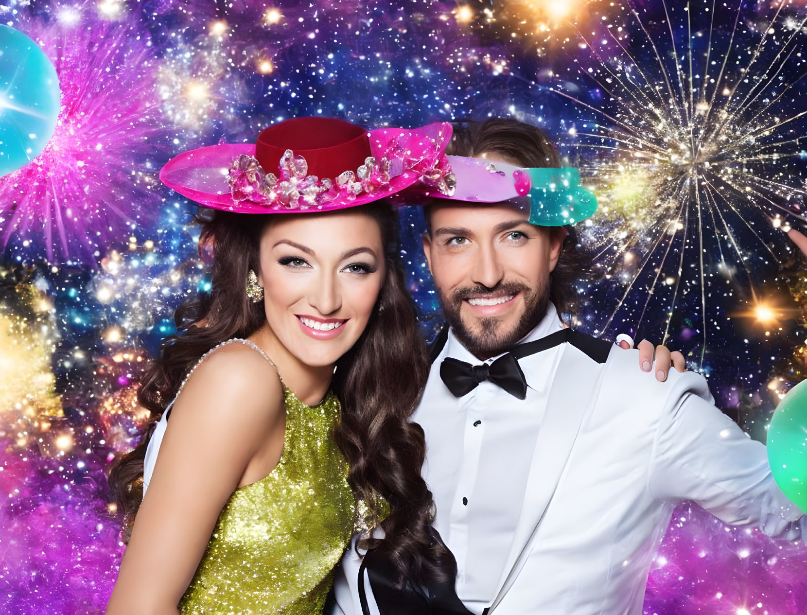 Happy couple in festive attire with pink hat and white tuxedo, fireworks and balloons.