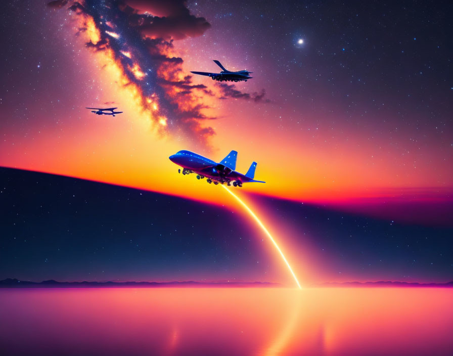 Planes in fiery sunset with starry sky over tranquil water