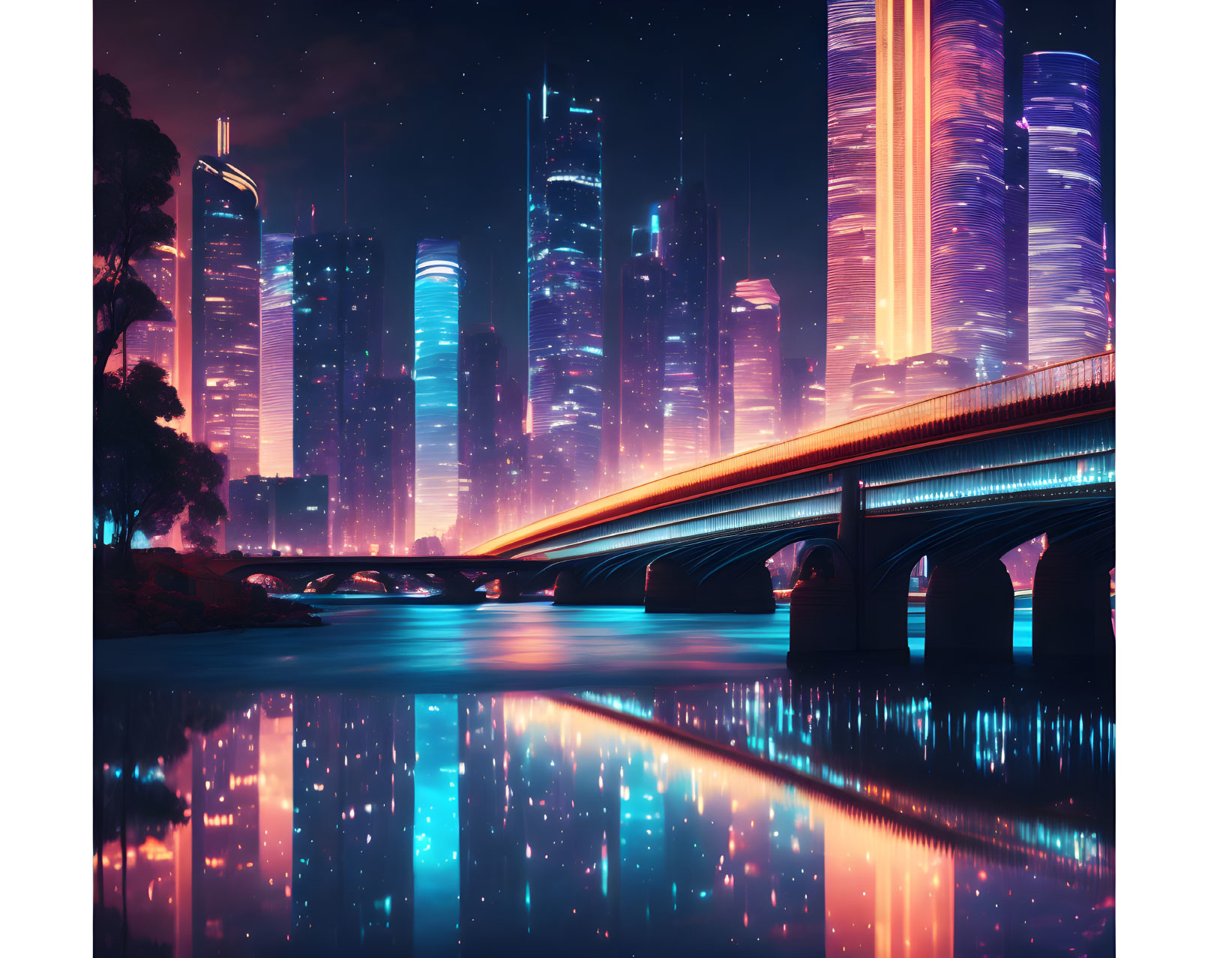 Futuristic night cityscape with neon-lit skyscrapers, bridge, water reflection, and