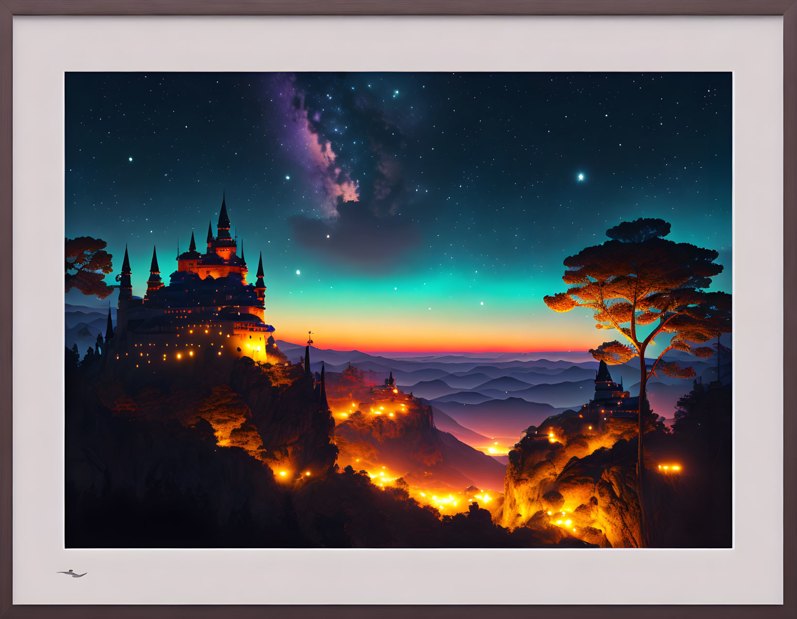 Illuminated castle on cliff at twilight with colorful sky and galaxy above