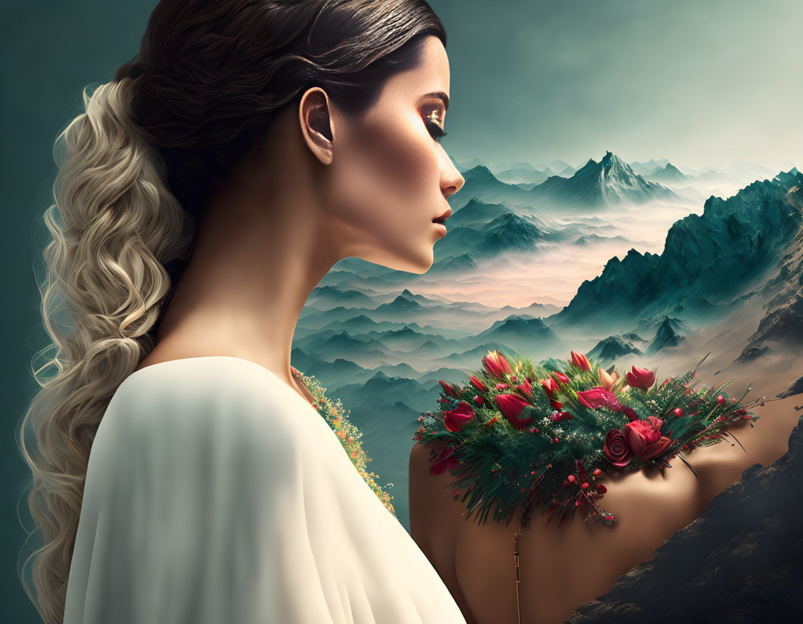 Elaborate hair profile portrait with surreal landscape and floating flowers