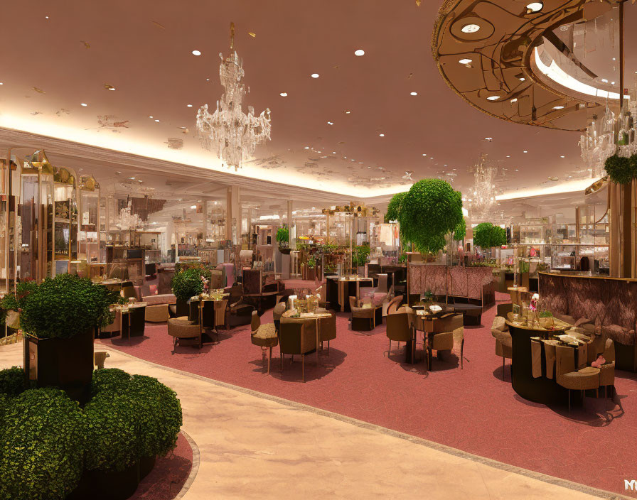 Luxurious Restaurant Interior with Chandeliers, Plush Seating, Greenery, and Golden Amb