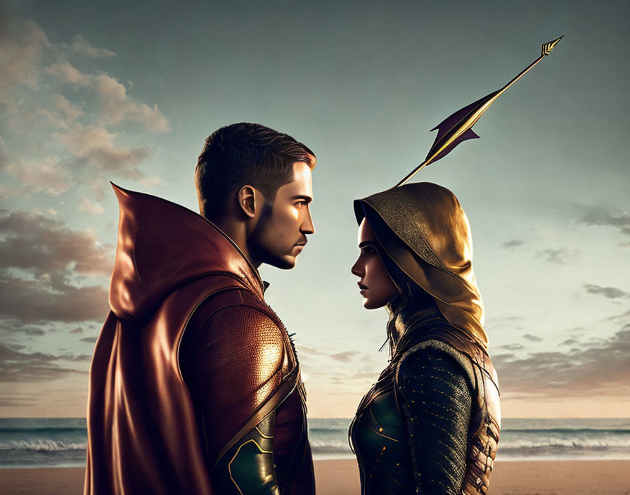 Medieval-inspired individuals in cloak and hood with arrow at beach sunset