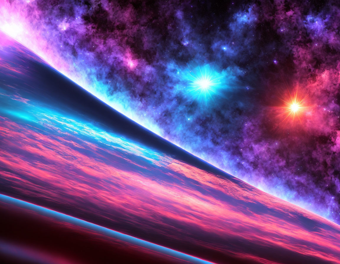 Cosmic space scene with vibrant planet surface and starry nebula