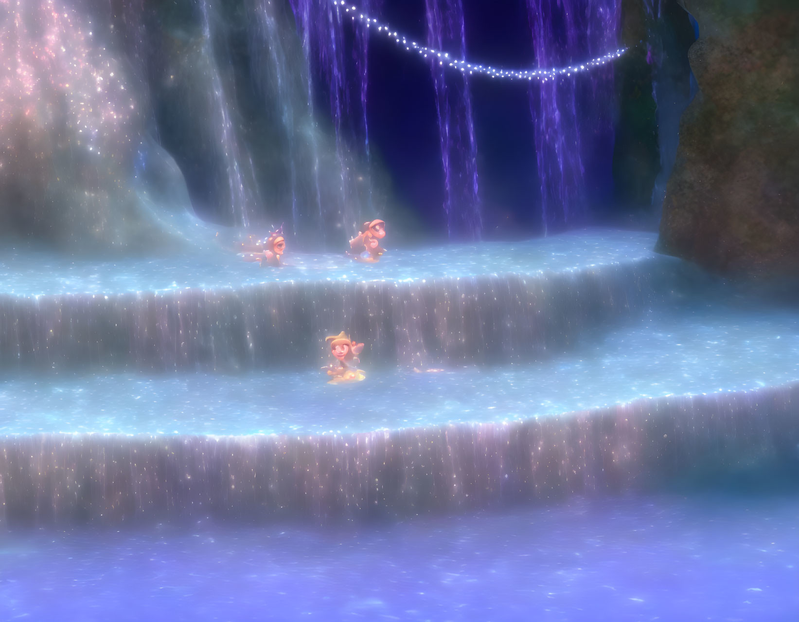 Animated characters swim by glowing waterfall with purple and blue hues