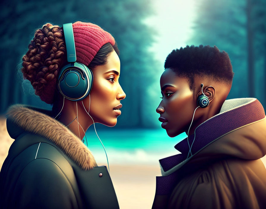 Two women wearing headphones face each other in front of a blurred forest backdrop.